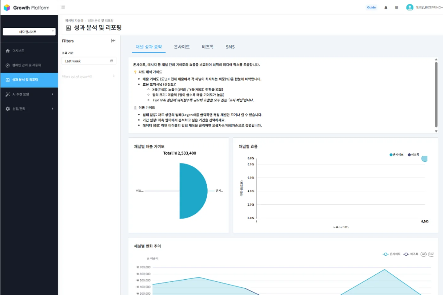 채널별 노출수·클릭수·전환율·매출액과 일별 성과 추이를 보여주는 성과 분석 전체 화면